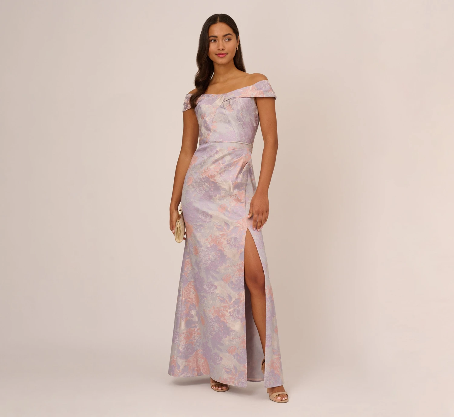 Adrianna Papell Metallic Floral Print Jacquard Gown With Off The Shoulder Neckline In Peri Multi 2 Adrianna Papell Metallic Floral Print Jacquard Gown With Off The Shoulder Neckline In Peri Multi - Image 2