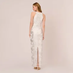 Adrianna Papell Foil Floral Embroidered Column Gown With Halter Neck In Ivory Silver 10 Adrianna Papell Foil Floral Embroidered Column Gown With Halter Neck In Ivory Silver -Glam Mirth Sales AP1E210489 AJ170 Regular Back