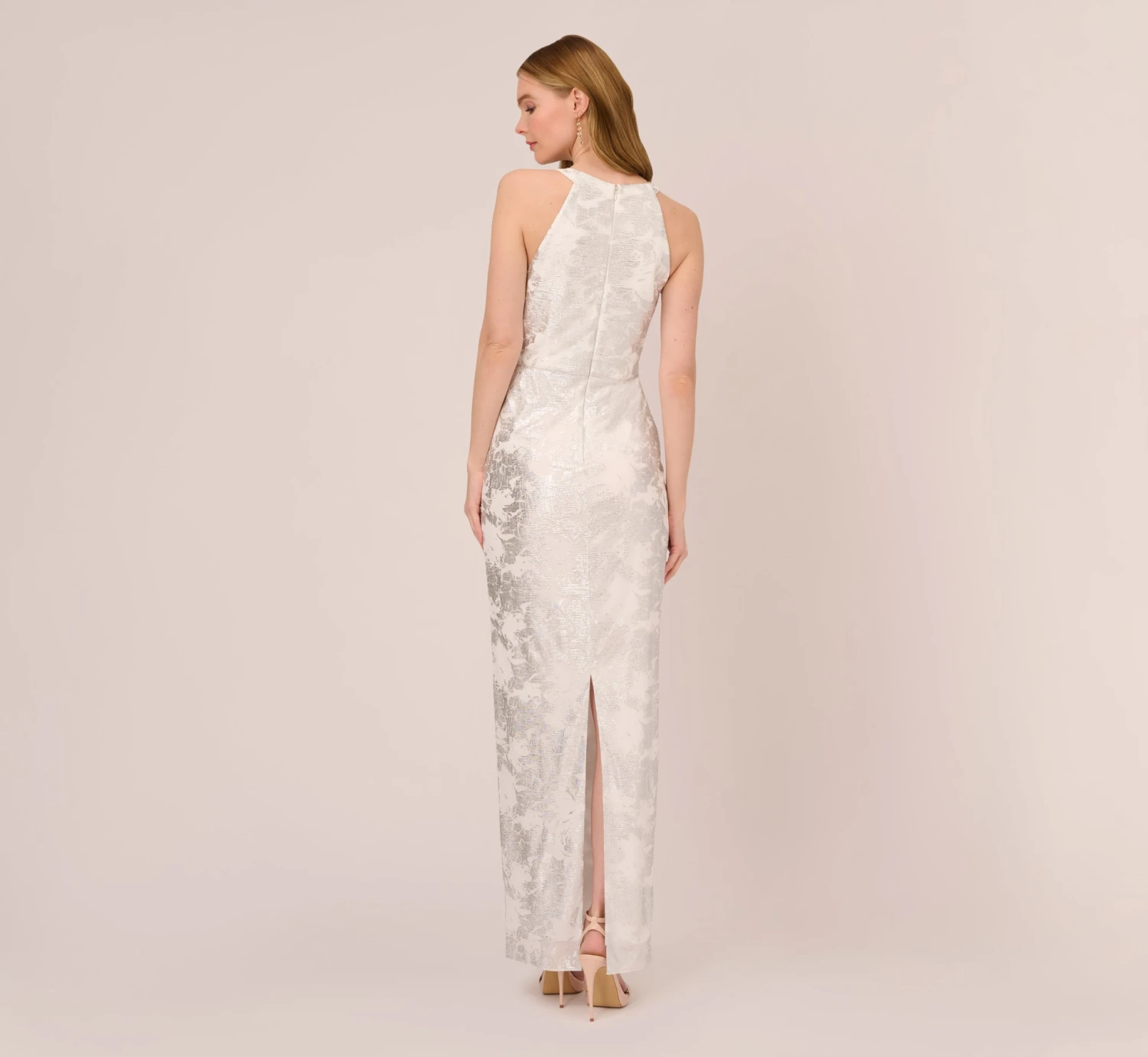 Adrianna Papell Foil Floral Embroidered Column Gown With Halter Neck In Ivory Silver 4 Adrianna Papell Foil Floral Embroidered Column Gown With Halter Neck In Ivory Silver - Image 4