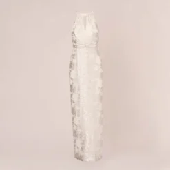 Adrianna Papell Foil Floral Embroidered Column Gown With Halter Neck In Ivory Silver 13 Adrianna Papell Foil Floral Embroidered Column Gown With Halter Neck In Ivory Silver -Glam Mirth Sales AP1E210489 AJ170 Regular Flat