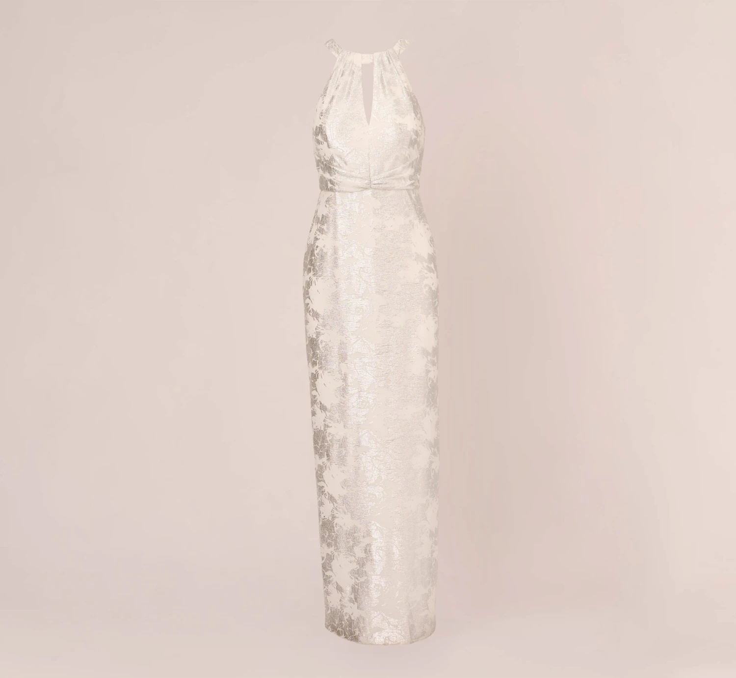 Adrianna Papell Foil Floral Embroidered Column Gown With Halter Neck In Ivory Silver 7 Adrianna Papell Foil Floral Embroidered Column Gown With Halter Neck In Ivory Silver - Image 7