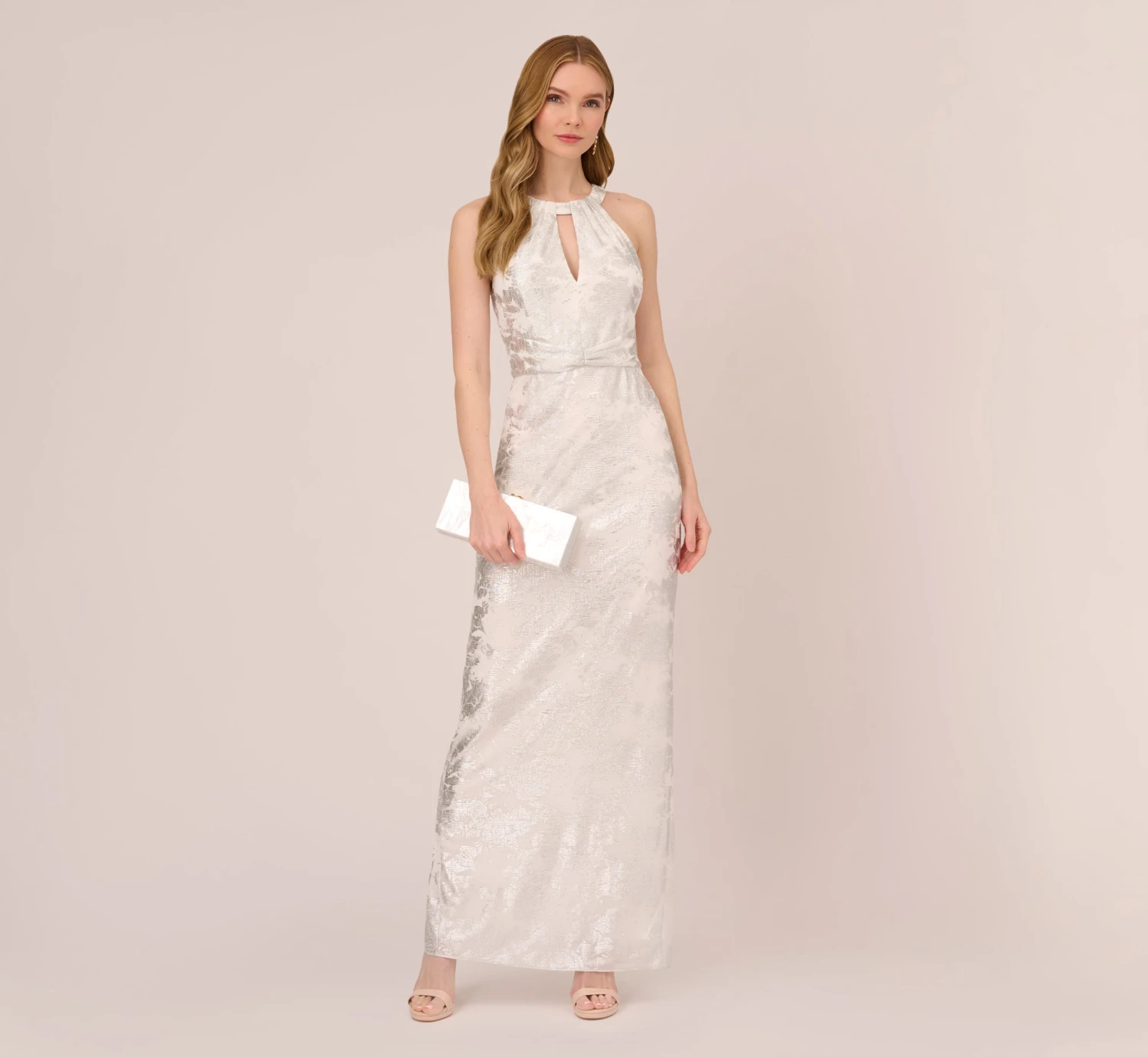 Adrianna Papell Foil Floral Embroidered Column Gown With Halter Neck In Ivory Silver 1 Adrianna Papell Foil Floral Embroidered Column Gown With Halter Neck In Ivory Silver