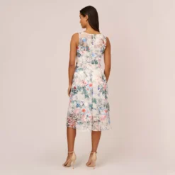 Adrianna Papell Floral Printed Sleeveless Midi Dress With Sheer Details In Ivory Multi 10 Adrianna Papell Floral Printed Sleeveless Midi Dress With Sheer Details In Ivory Multi -Glam Mirth Sales AP1E210491 AH170 Regular Back