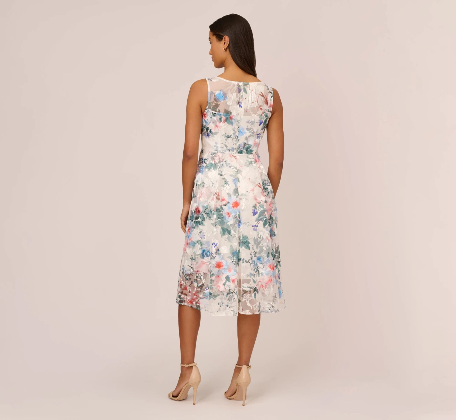Adrianna Papell Floral Printed Sleeveless Midi Dress With Sheer Details In Ivory Multi 4 Adrianna Papell Floral Printed Sleeveless Midi Dress With Sheer Details In Ivory Multi - Image 4