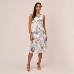 Adrianna Papell Floral Printed Sleeveless Midi Dress With Sheer Details In Ivory Multi