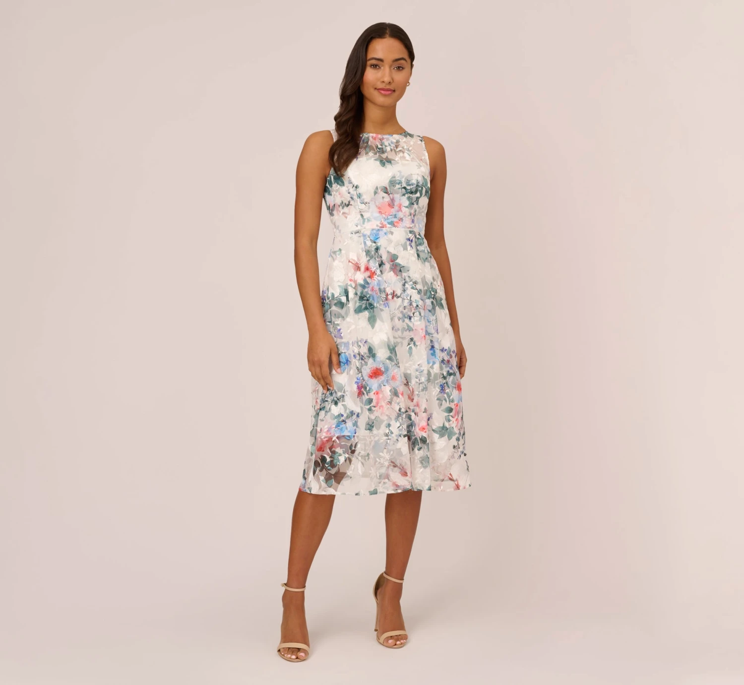 Adrianna Papell Floral Printed Sleeveless Midi Dress With Sheer Details In Ivory Multi 1 Adrianna Papell Floral Printed Sleeveless Midi Dress With Sheer Details In Ivory Multi