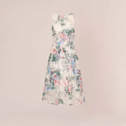 Adrianna Papell Floral Printed Sleeveless Midi Dress With Sheer Details In Ivory Multi 13 Adrianna Papell Floral Printed Sleeveless Midi Dress With Sheer Details In Ivory Multi -Glam Mirth Sales AP1E210491 AH170 Regular Flat