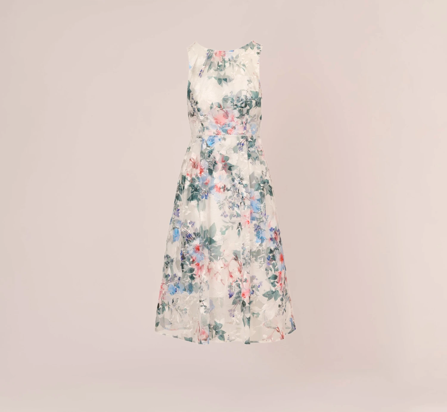 Adrianna Papell Floral Printed Sleeveless Midi Dress With Sheer Details In Ivory Multi 7 Adrianna Papell Floral Printed Sleeveless Midi Dress With Sheer Details In Ivory Multi - Image 7