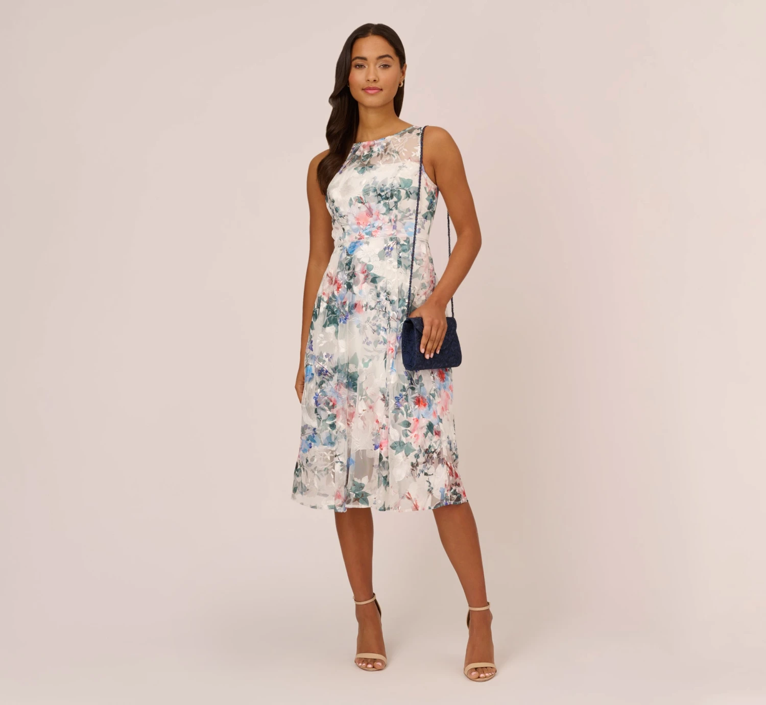 Adrianna Papell Floral Printed Sleeveless Midi Dress With Sheer Details In Ivory Multi 2 Adrianna Papell Floral Printed Sleeveless Midi Dress With Sheer Details In Ivory Multi - Image 2
