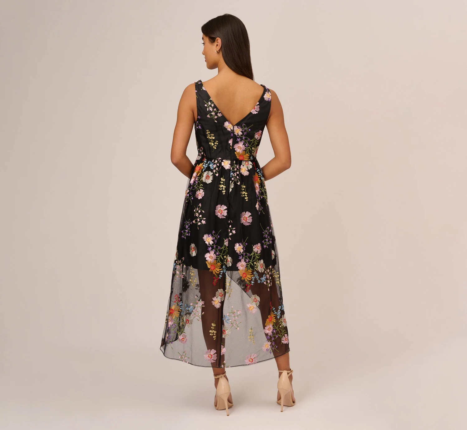 Adrianna Papell Floral Embroidered High Low Dress With Sheer Details In Black Multi 3 Adrianna Papell Floral Embroidered High Low Dress With Sheer Details In Black Multi - Image 3
