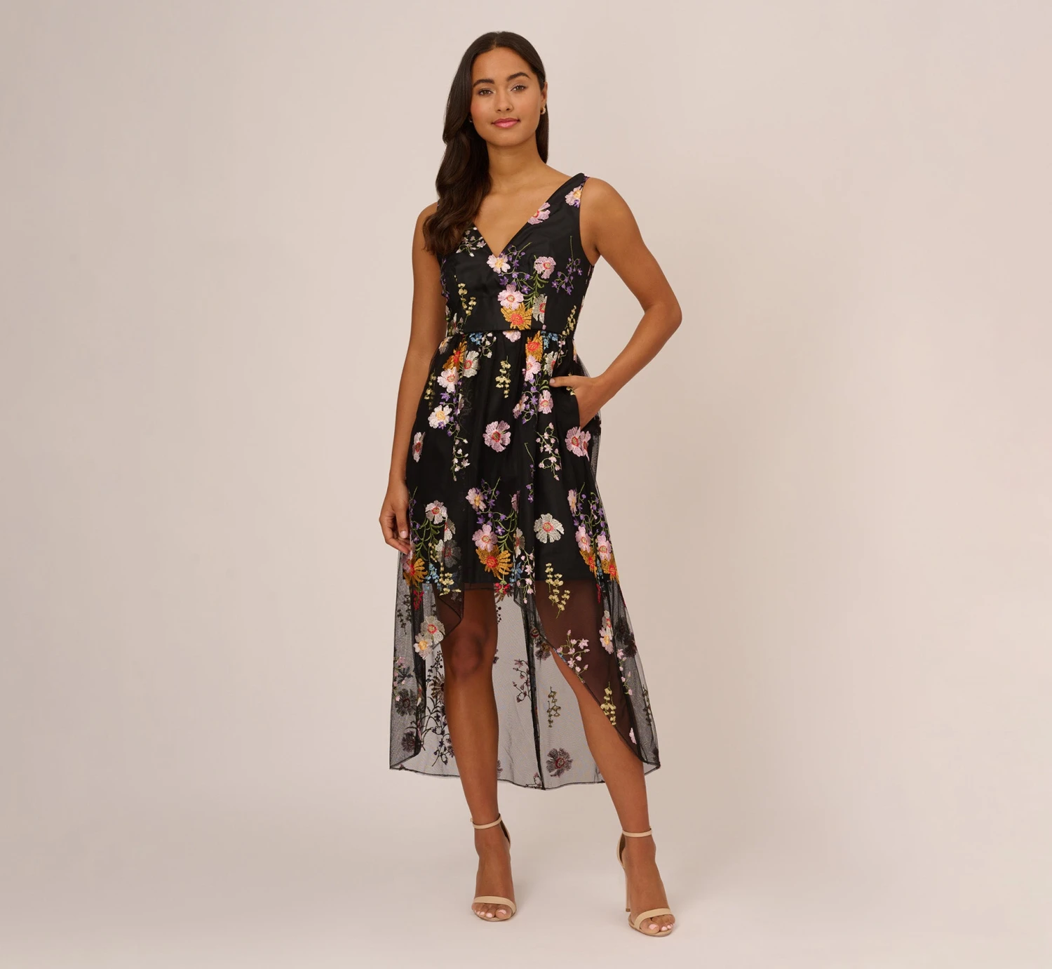 Adrianna Papell Floral Embroidered High Low Dress With Sheer Details In Black Multi 2 Adrianna Papell Floral Embroidered High Low Dress With Sheer Details In Black Multi - Image 2