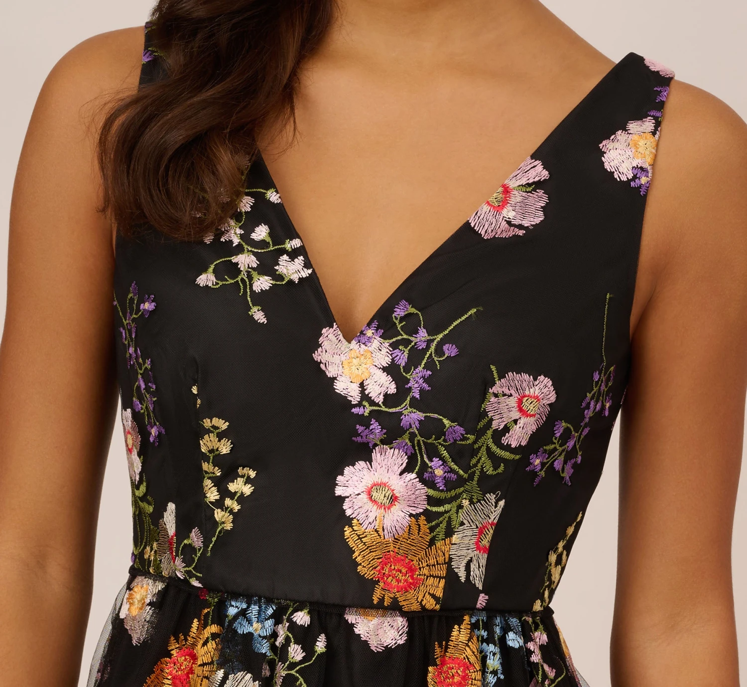 Adrianna Papell Floral Embroidered High Low Dress With Sheer Details In Black Multi 6 Adrianna Papell Floral Embroidered High Low Dress With Sheer Details In Black Multi - Image 6