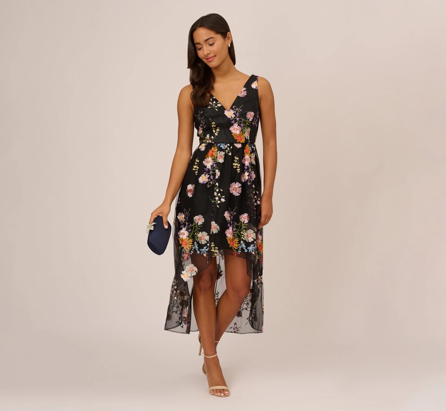 Adrianna Papell Floral Embroidered High Low Dress With Sheer Details In Black Multi 1 Adrianna Papell Floral Embroidered High Low Dress With Sheer Details In Black Multi