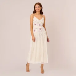 Adrianna Papell Ankle-Length Gown With Multicolor Floral Beading In Ivory Multi