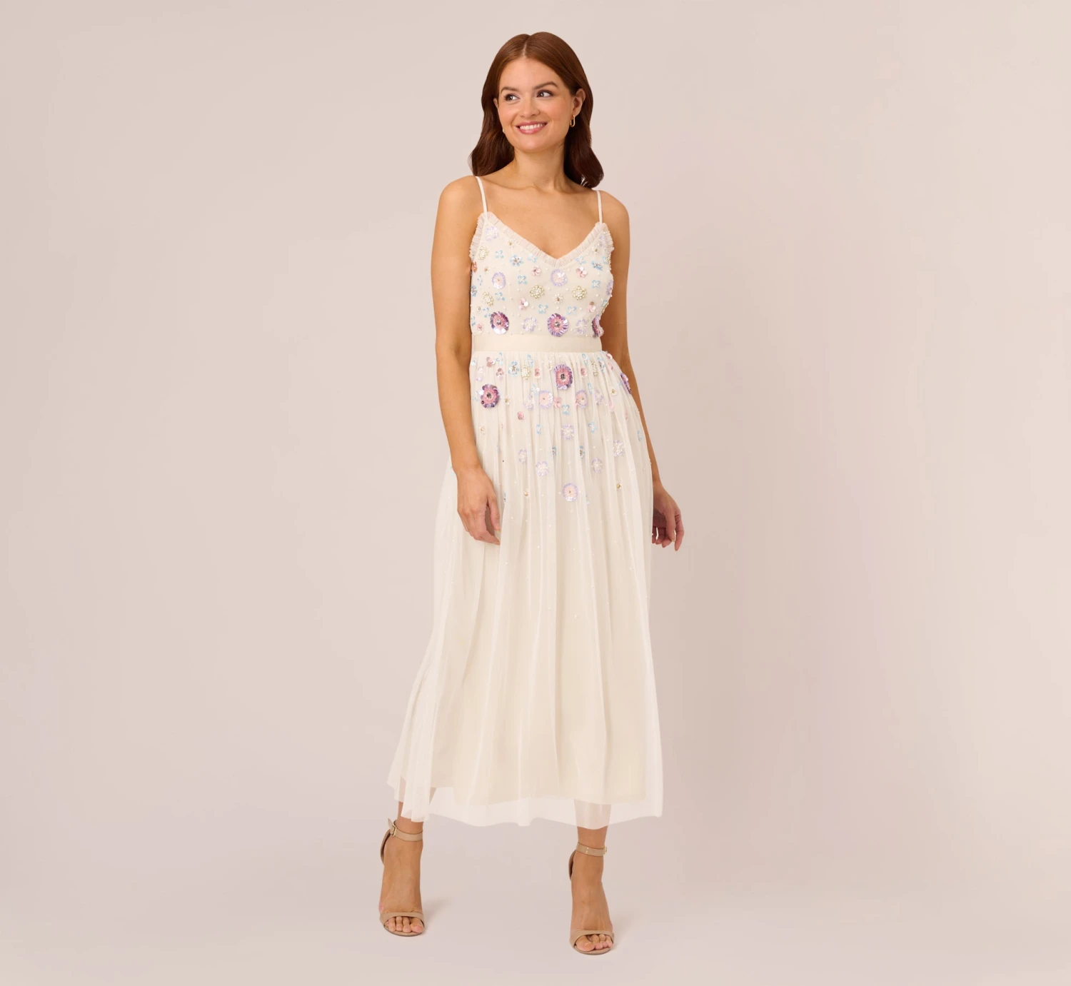 Adrianna Papell Ankle-Length Gown With Multicolor Floral Beading In Ivory Multi 1 Adrianna Papell Ankle-Length Gown With Multicolor Floral Beading In Ivory Multi