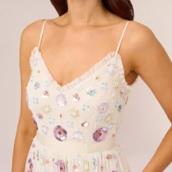 Adrianna Papell Ankle-Length Gown With Multicolor Floral Beading In Ivory Multi 8 Adrianna Papell Ankle-Length Gown With Multicolor Floral Beading In Ivory Multi -Glam Mirth Sales AP1E210500 AA178 Regular Detail