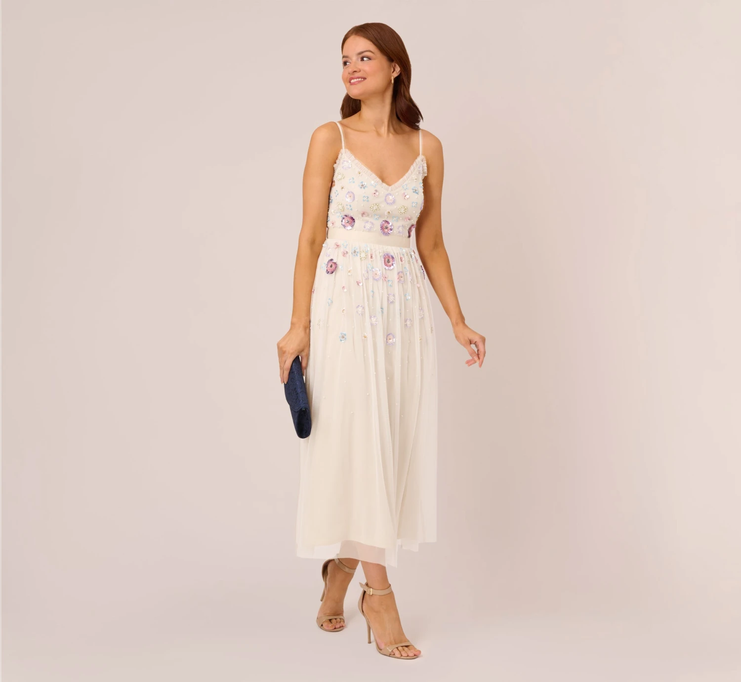 Adrianna Papell Ankle-Length Gown With Multicolor Floral Beading In Ivory Multi 2 Adrianna Papell Ankle-Length Gown With Multicolor Floral Beading In Ivory Multi - Image 2