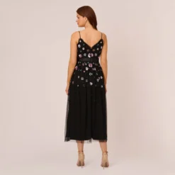 Adrianna Papell Ankle-Length Gown With Multicolor Floral Beading In Black Multi -Glam Mirth Sales AP1E210500 AC964 Regular Back