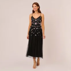 Adrianna Papell Ankle-Length Gown With Multicolor Floral Beading In Black Multi
