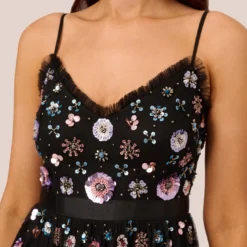 Adrianna Papell Ankle-Length Gown With Multicolor Floral Beading In Black Multi -Glam Mirth Sales AP1E210500 AC964 Regular Detail