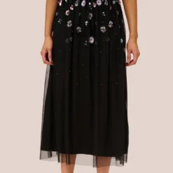 Adrianna Papell Ankle-Length Gown With Multicolor Floral Beading In Black Multi -Glam Mirth Sales AP1E210500 AC964 Regular Lifestyle