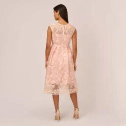 Adrianna Papell Embroidered Fit And Flare Midi Dress With Sheer Neckline In Apricot Ice 8 Adrianna Papell Embroidered Fit And Flare Midi Dress With Sheer Neckline In Apricot Ice -Glam Mirth Sales AP1E210520 AL685 Regular Back