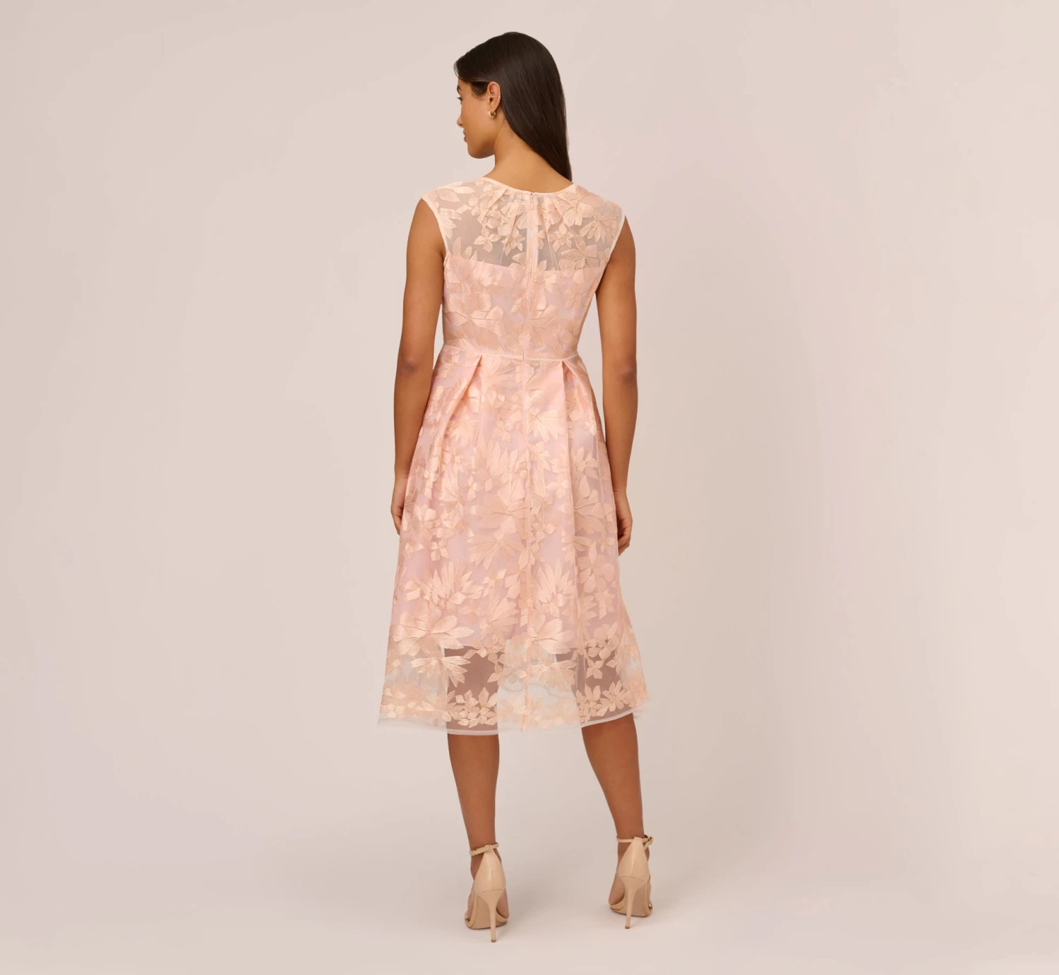 Adrianna Papell Embroidered Fit And Flare Midi Dress With Sheer Neckline In Apricot Ice 3 Adrianna Papell Embroidered Fit And Flare Midi Dress With Sheer Neckline In Apricot Ice - Image 3