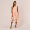 Adrianna Papell Embroidered Fit And Flare Midi Dress With Sheer Neckline In Apricot Ice