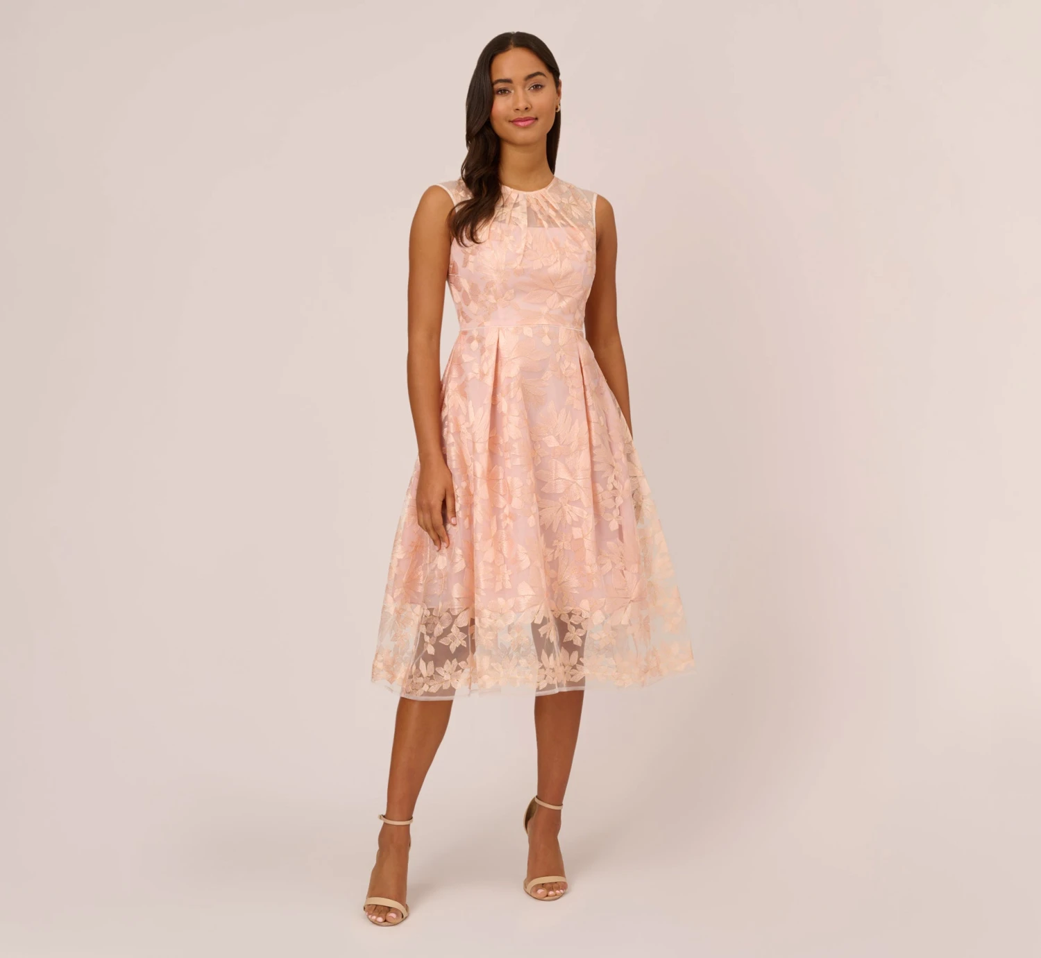 Adrianna Papell Embroidered Fit And Flare Midi Dress With Sheer Neckline In Apricot Ice 1 Adrianna Papell Embroidered Fit And Flare Midi Dress With Sheer Neckline In Apricot Ice