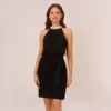 Adrianna Papell Jersey Blouson Dress With Pearl Mock Neck And Tie Waist In Black