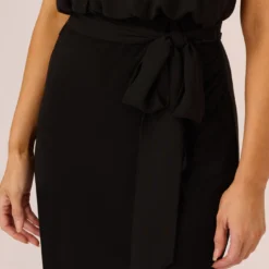 Adrianna Papell Jersey Blouson Dress With Pearl Mock Neck And Tie Waist In Black 11 Adrianna Papell Jersey Blouson Dress With Pearl Mock Neck And Tie Waist In Black -Glam Mirth Sales AP1E210524 AA002 Regular Detail