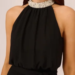 Adrianna Papell Jersey Blouson Dress With Pearl Mock Neck And Tie Waist In Black 9 Adrianna Papell Jersey Blouson Dress With Pearl Mock Neck And Tie Waist In Black -Glam Mirth Sales AP1E210524 AA002 Regular Lifestyle