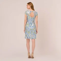 Adrianna Papell Sequin Floral Embroidered Sheath Dress With Cap Sleeves In Blue Green Multi 9 Adrianna Papell Sequin Floral Embroidered Sheath Dress With Cap Sleeves In Blue Green Multi -Glam Mirth Sales AP1E210525 AB396 Regular Back
