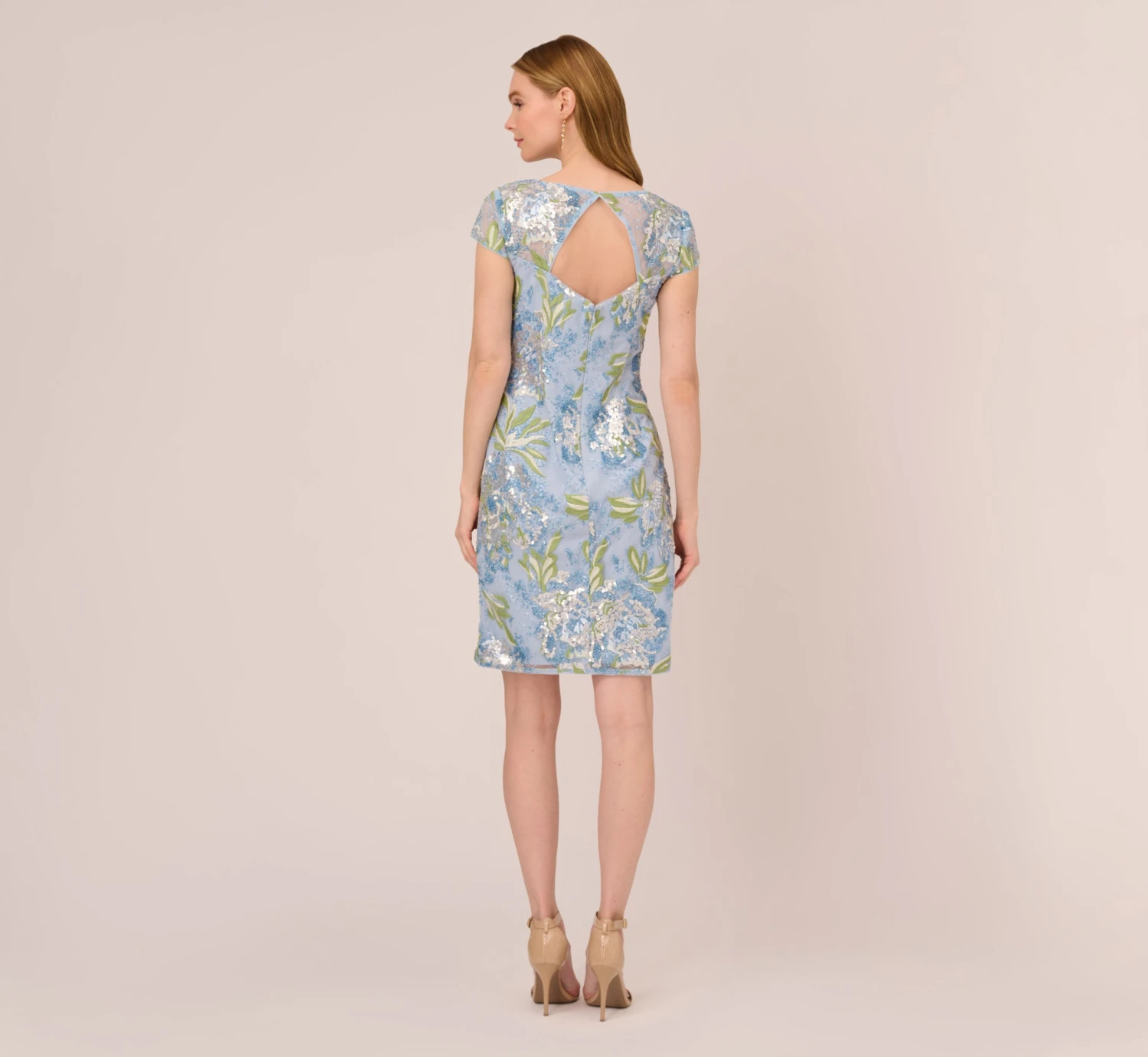 Adrianna Papell Sequin Floral Embroidered Sheath Dress With Cap Sleeves In Blue Green Multi 3 Adrianna Papell Sequin Floral Embroidered Sheath Dress With Cap Sleeves In Blue Green Multi - Image 3