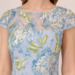 Adrianna Papell Sequin Floral Embroidered Sheath Dress With Cap Sleeves In Blue Green Multi 11 Adrianna Papell Sequin Floral Embroidered Sheath Dress With Cap Sleeves In Blue Green Multi -Glam Mirth Sales AP1E210525 AB396 Regular Detail
