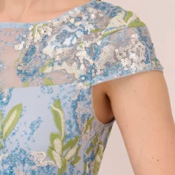 Adrianna Papell Sequin Floral Embroidered Sheath Dress With Cap Sleeves In Blue Green Multi 13 Adrianna Papell Sequin Floral Embroidered Sheath Dress With Cap Sleeves In Blue Green Multi -Glam Mirth Sales AP1E210525 AB396 Regular Lifestyle
