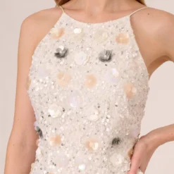 Adrianna Papell 3D Floral Beaded Halter Sheath Dress In Ivory Multi -Glam Mirth Sales AP1E210533 AF170 Regular Detail