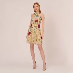 Adrianna Papell Multicolor Floral Beaded Shift Dress In Light Champagne -Glam Mirth Sales AP1E210539 AE273 Regular Front