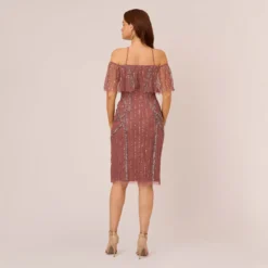 Adrianna Papell Beaded Off The Shoulder Sheath Dress With Halter Neck In Plum -Glam Mirth Sales AP1E210543 AD541 Regular Back