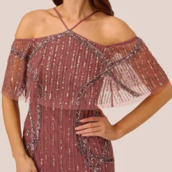 Adrianna Papell Beaded Off The Shoulder Sheath Dress With Halter Neck In Plum -Glam Mirth Sales AP1E210543 AD541 Regular Detail