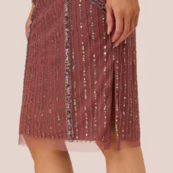 Adrianna Papell Beaded Off The Shoulder Sheath Dress With Halter Neck In Plum -Glam Mirth Sales AP1E210543 AD541 Regular Lifestyle