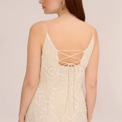 Adrianna Papell Sequin Beaded Sheath Dress With Corset Back In Ivory Pearl 9 Adrianna Papell Sequin Beaded Sheath Dress With Corset Back In Ivory Pearl -Glam Mirth Sales AP1E210553 AG105 Regular Lifestyle
