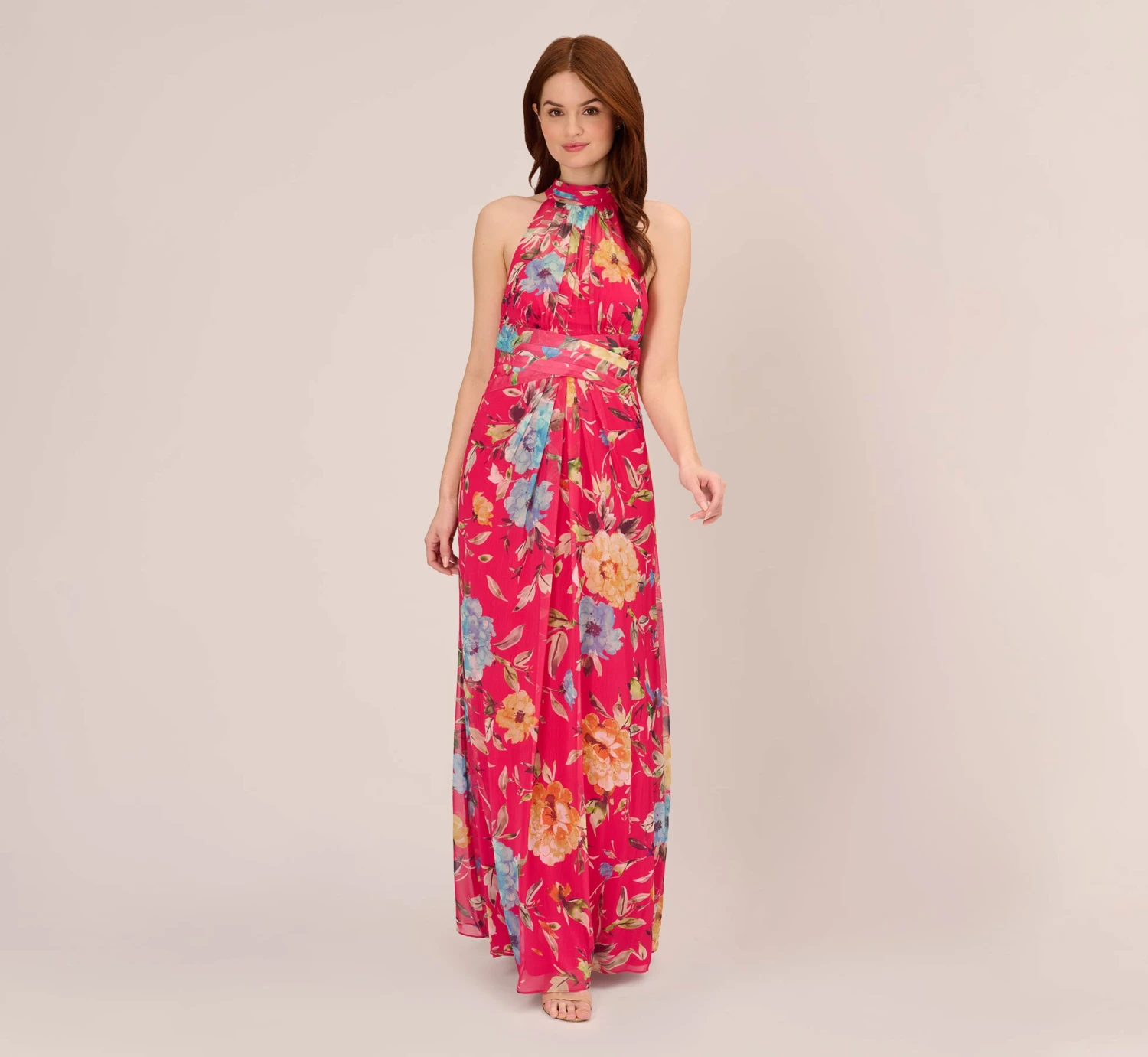 Adrianna Papell Floral Chiffon Halter Gown With Illusion Details In Pink Multi 2 Adrianna Papell Floral Chiffon Halter Gown With Illusion Details In Pink Multi - Image 2