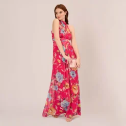 Adrianna Papell Floral Chiffon Halter Gown With Illusion Details In Pink Multi