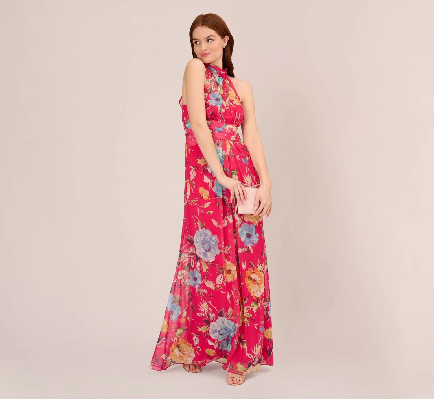 Adrianna Papell Floral Chiffon Halter Gown With Illusion Details In Pink Multi 1 Adrianna Papell Floral Chiffon Halter Gown With Illusion Details In Pink Multi