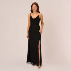 Adrianna Papell Art Deco Beaded Mermaid Gown With Cowl Neckline In Black