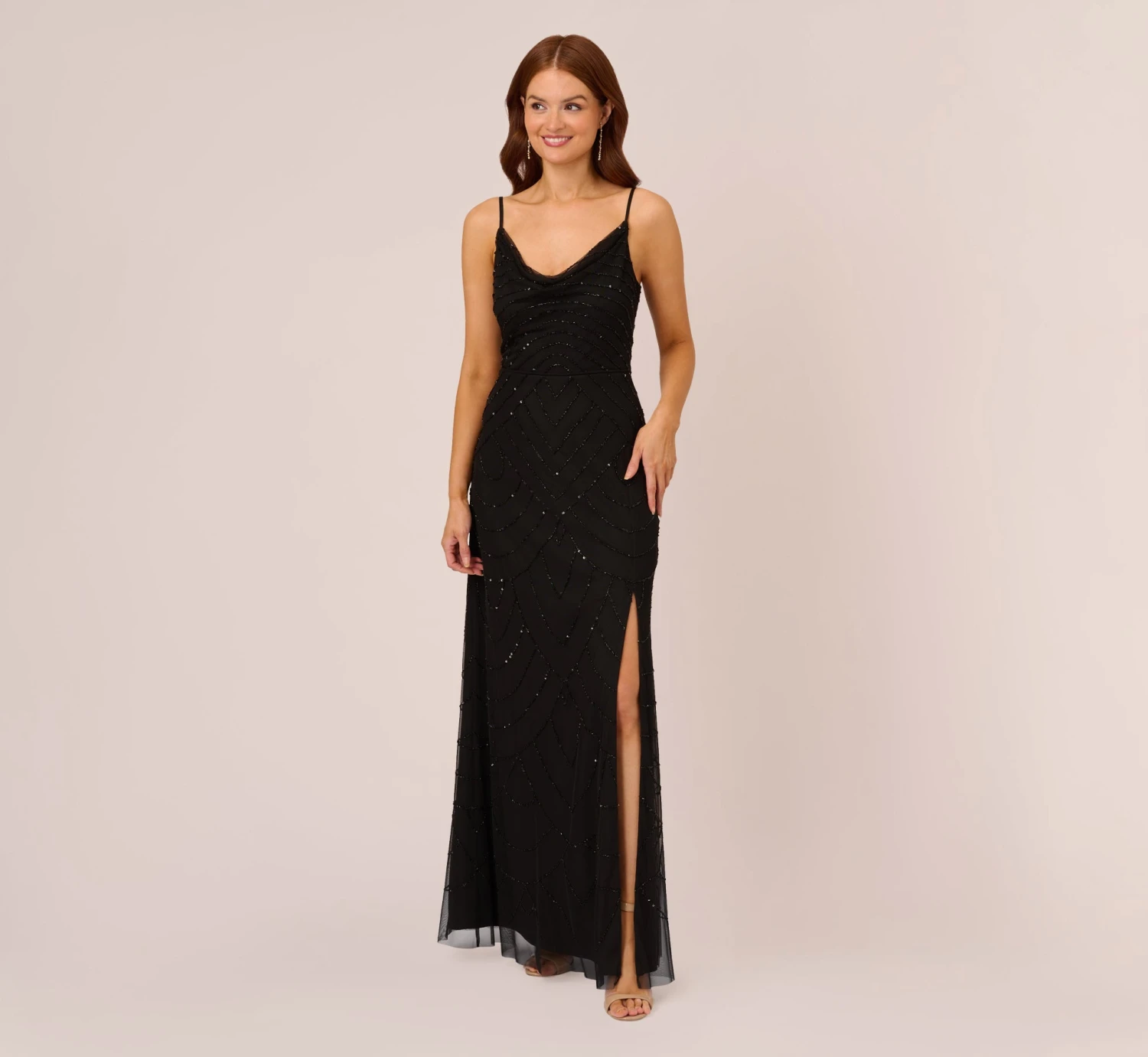 Adrianna Papell Art Deco Beaded Mermaid Gown With Cowl Neckline In Black 1 Adrianna Papell Art Deco Beaded Mermaid Gown With Cowl Neckline In Black