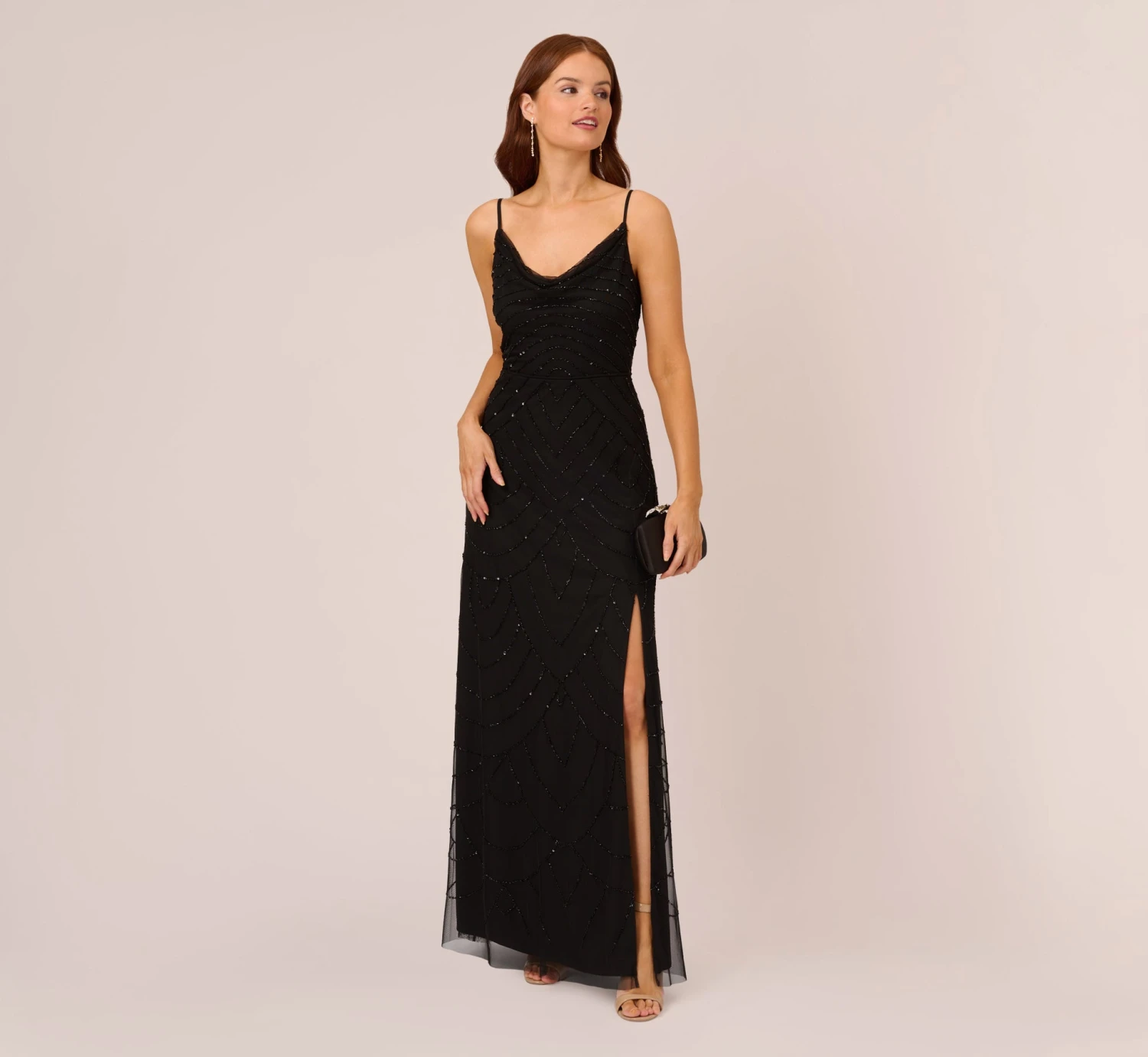Adrianna Papell Art Deco Beaded Mermaid Gown With Cowl Neckline In Black 2 Adrianna Papell Art Deco Beaded Mermaid Gown With Cowl Neckline In Black - Image 2