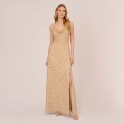 Adrianna Papell Art Deco Beaded Mermaid Gown With Cowl Neckline In Champagne Gold