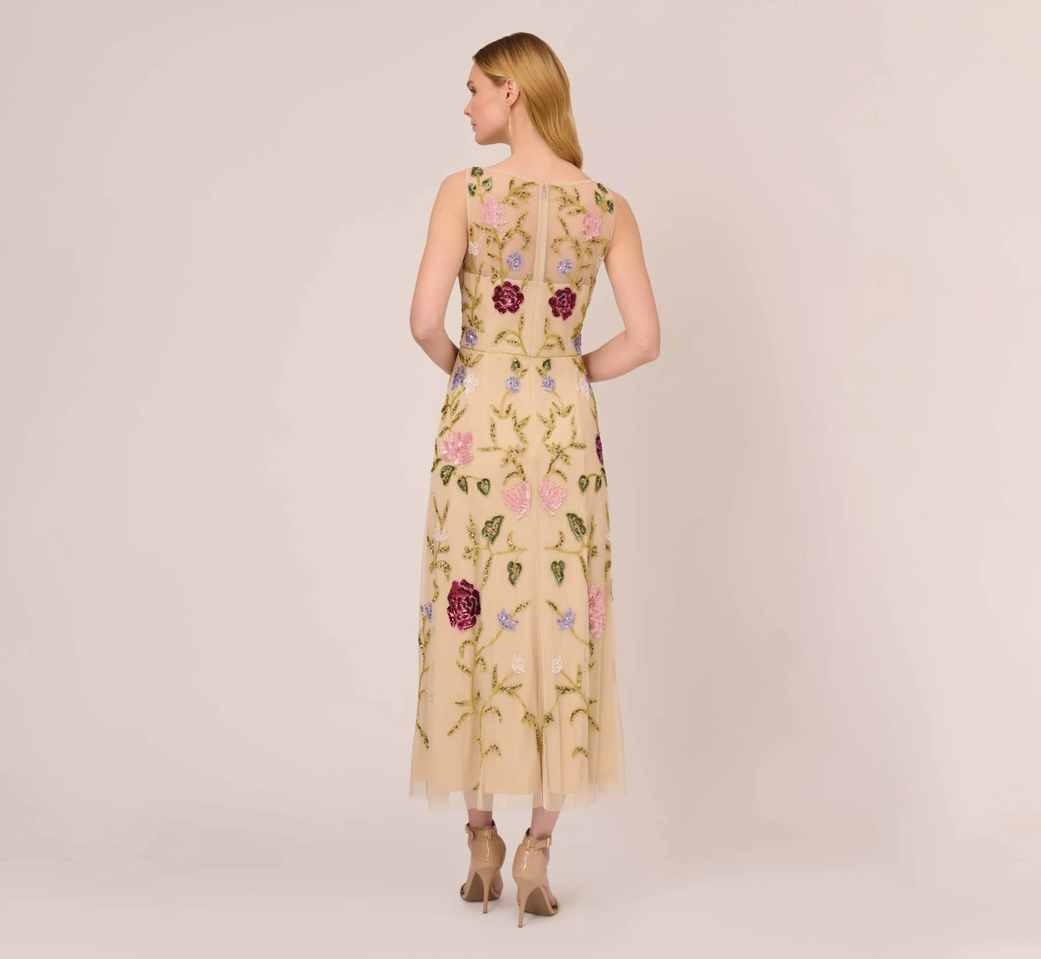 Adrianna Papell Multicolor Floral Beaded Ankle-Length Dress With Sheer Details In Light Champagne 4 Adrianna Papell Multicolor Floral Beaded Ankle-Length Dress With Sheer Details In Light Champagne - Image 4